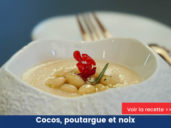 Crémeux de haricots coco à la poutargue et noix de Grenoble